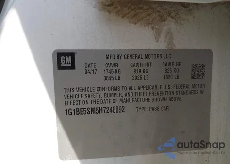 2017 Chevrolet Cruze Lt Auto z USA, uszkodzony, nr VIN 1G1BE5SM5H7246092